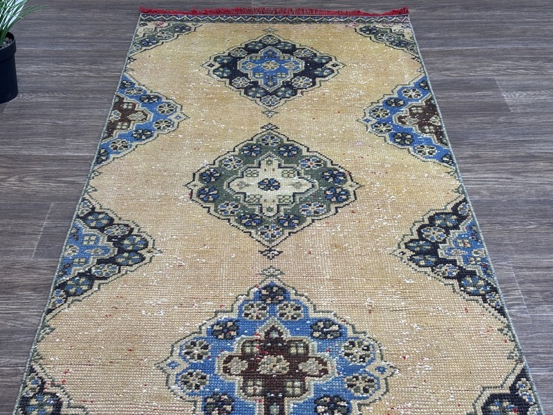 3x10 Hand-Knotted Beige Blue Green Vintage Turkish Oushak Hallway Runner Rug gallery