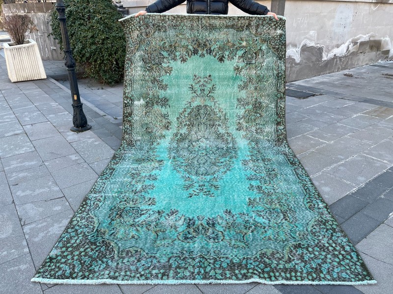 Vintage Turkish Oushak Overdyed Rug 5.5x9.8 ft Turquoise Teal Distressed gallery
