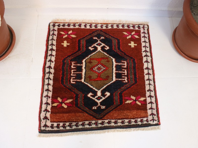 2x2 Turkish Handmade Door Mat Red Black Square Tribal 2.1x2.1 ft gallery
