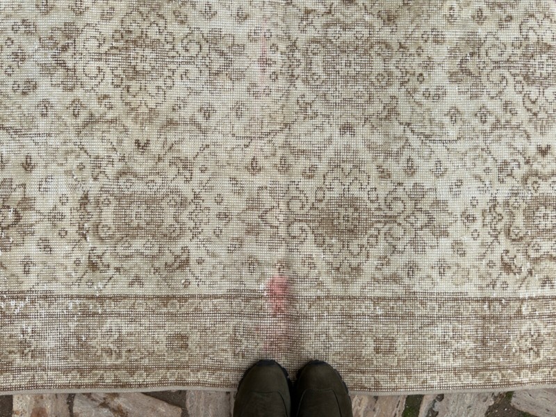 Hand-Woven Oushak Carpet 4x7 Beige Wool Floral Area Rug Medium Size Anatolian gallery