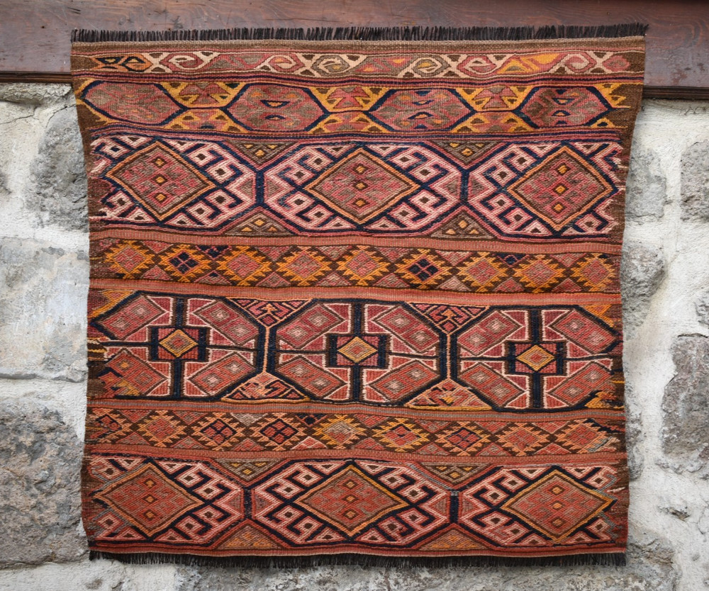 Antique Turkish Rug 33'' x 32'' Rare Soumak Rug Nomadic Woven Soumak Wool Rug