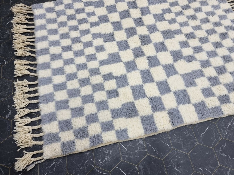 Beni Ourain Moroccan Handmade Rug 3'8"x4'9" Checkered White & Gray Wool Carpet gallery