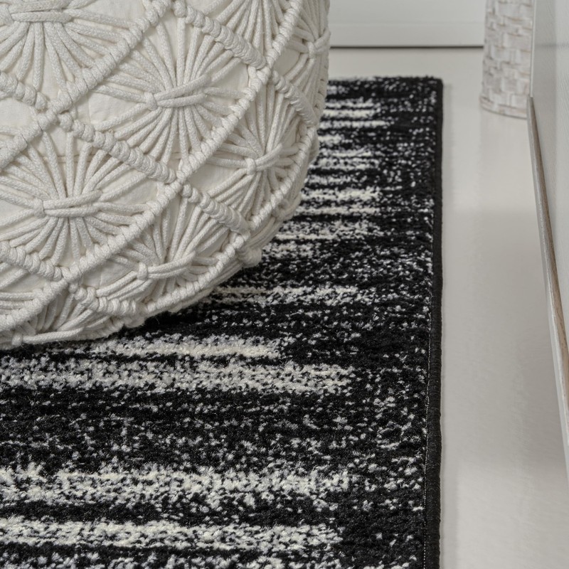 Black Cream Striped Rectangular Rug 7x9 Mid Century Tribal Style Low Pile gallery