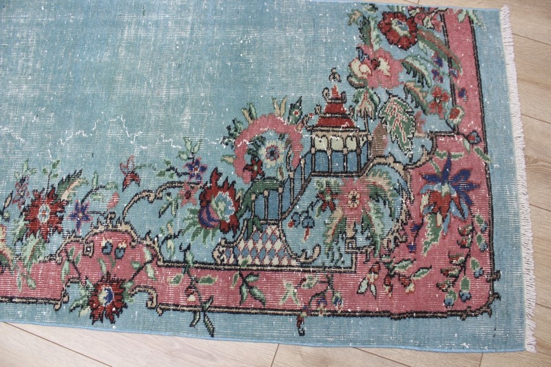 Turquoise Runner Rug Anatolian Oriental Handmade Vintage Floral Carpet 2x10 ft gallery