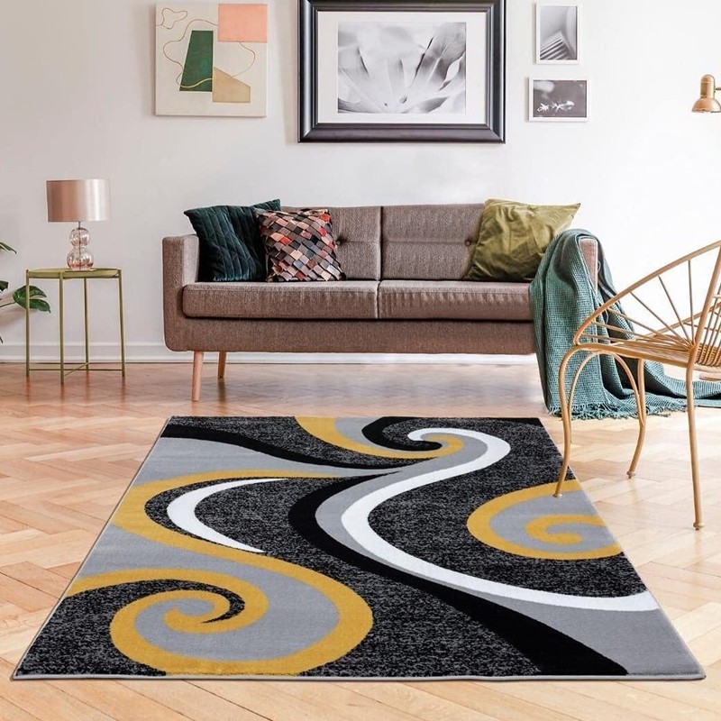 Home Decor Yellow Rugs Swirl Modern Abstract Area Rug Stylish Premium Rug gallery