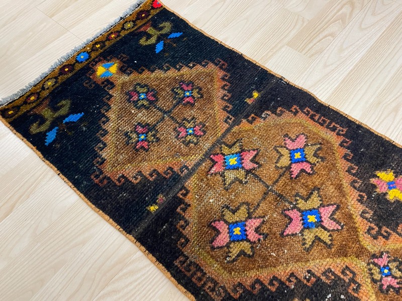 Vintage Patchwork Rug 1.3x3.2 ft Antique Geometric Medallion Dark Tribal Carpet gallery