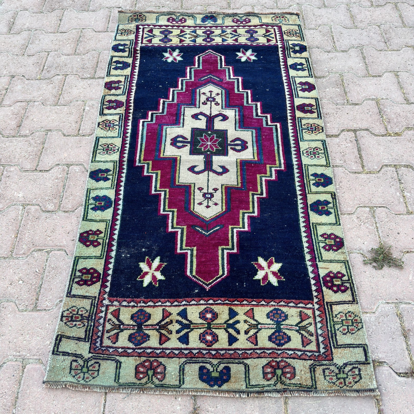 Burgundy Navy Wool Rug 3x5 Vintage Turkish Geometric Cream Green Rug-Tariff Free gallery