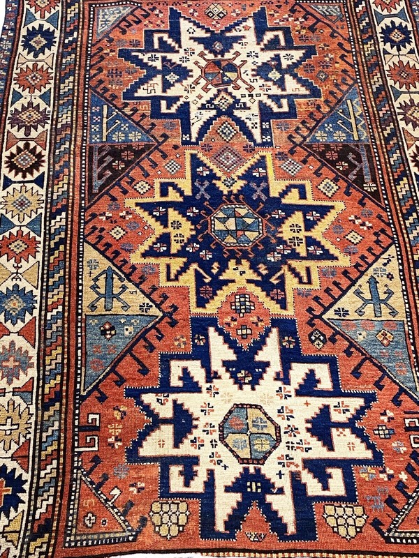 #827 Rare 19th C Antique Tribal Caucasian Star Kazak Rug 7' 10" BY 4' 10" gallery