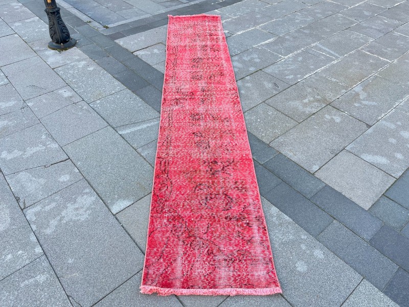 Overdyed 1.7x9.2 ft Vintage Turkish Runner Rug – Coral Pink Skinny Runner gallery