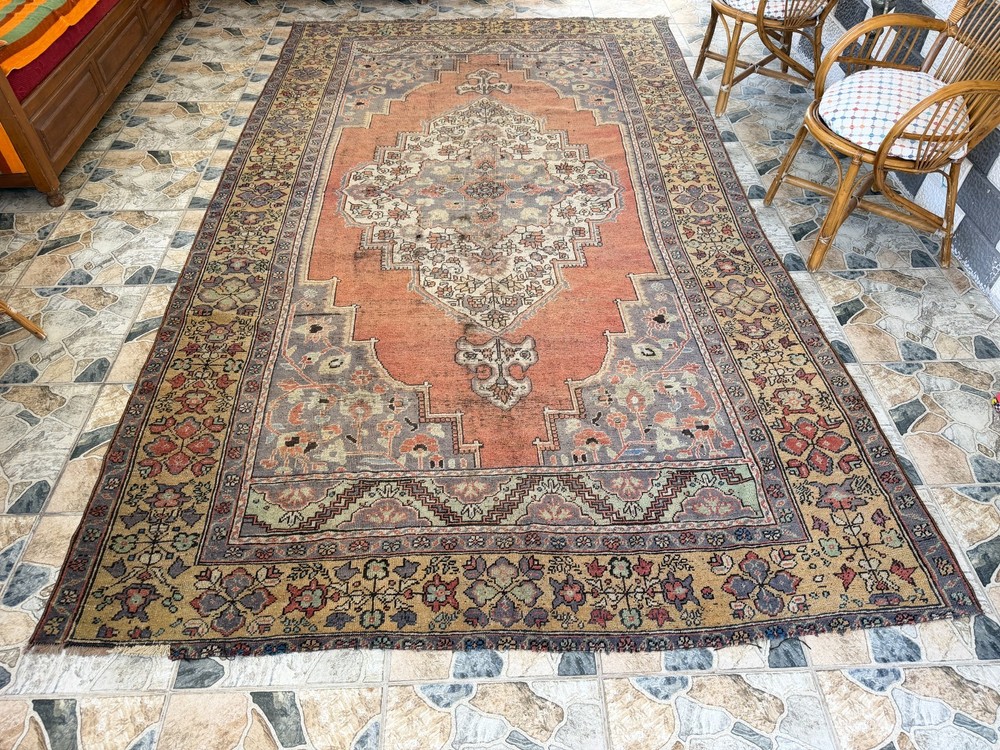 7x12 Shabby Vintage Turkish Rug, Large Faded Terracotta Distressed Area Carpet