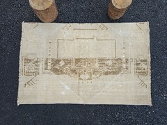 2.46 x 3.77 Ft Vintage Beige Brown Door Mat, Turkish Oushak Wool Area Rug