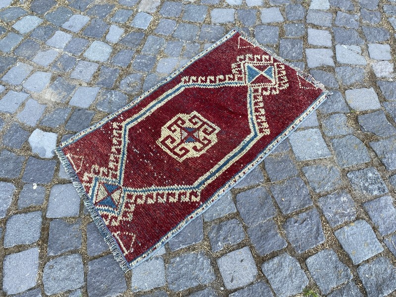 Vintage Turkish Rug, Hand-Knotted Wool, Ruby Red Ivory Muted Boho Accent Rug gallery
