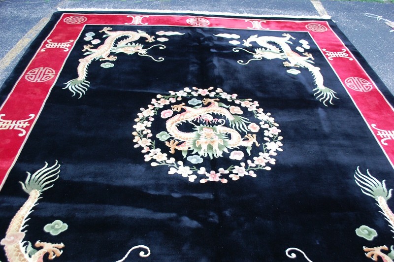 c1940s ANTIQUE ART DECO WALTER NICHOLS CHINESE RUG 9'x12'2" DROGEN DESIGN, BLACK gallery