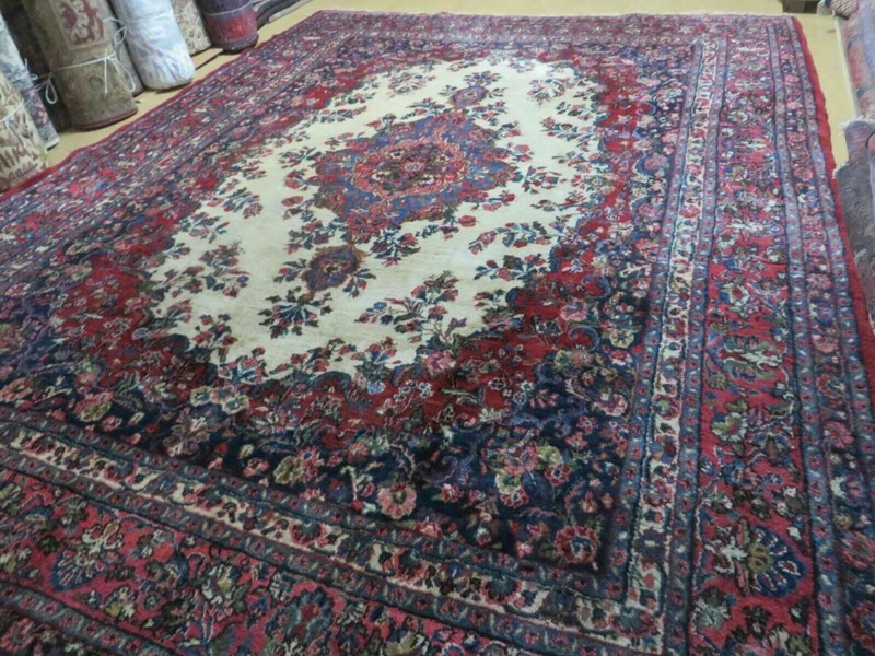 Antique 9x12 Oriental Rug Semi Open Field Medallion Ivory Red Blue Handmade Wool gallery