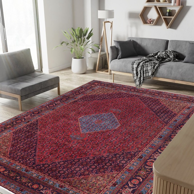 Hand-Knotted Wool Area Rug - Ruby Red & Navy All-Over Floral 9'7 x12'6 gallery