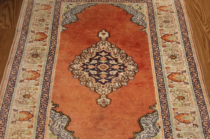3' X 5' Real SILK RUG. Antique Turkish prayer Anatolia ORANGE RED GOLD Kayseri gallery
