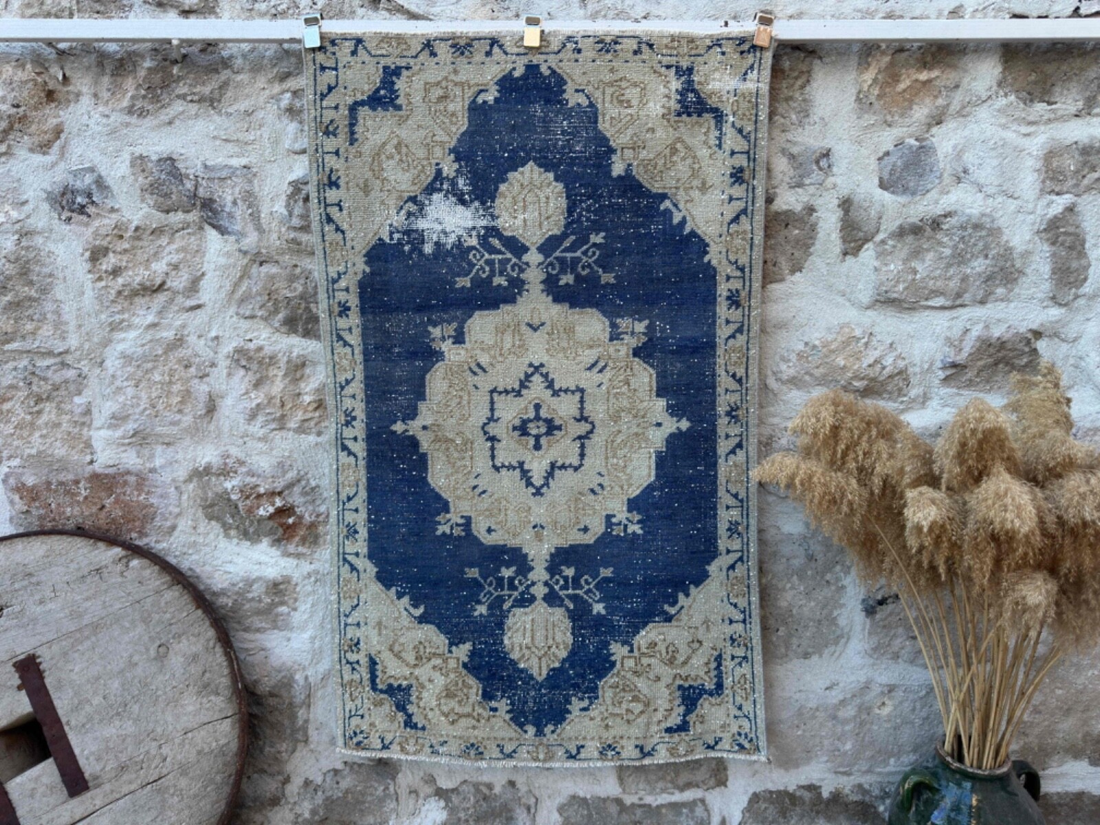 Hand-Knotted Turkish Carpet 3x5 Blue Wool Distressed Rug Muted Anatolian Carpet gallery