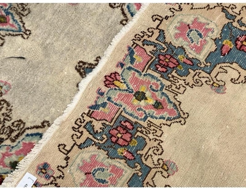 Antique Style Kirman Wool Rug 2'x4' | Pastel Floral Medallion Ivory Blue Pink gallery