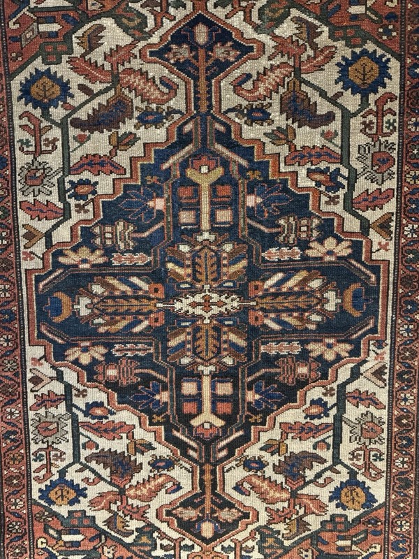 Antique 1920s Malayer Oriental Rug 4x6 | Ivory Field Navy Geometric Medallion gallery