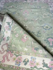Vintage Transitional Floral Turkish Carpets Hand Knotted Wool Green Oushak Rugs