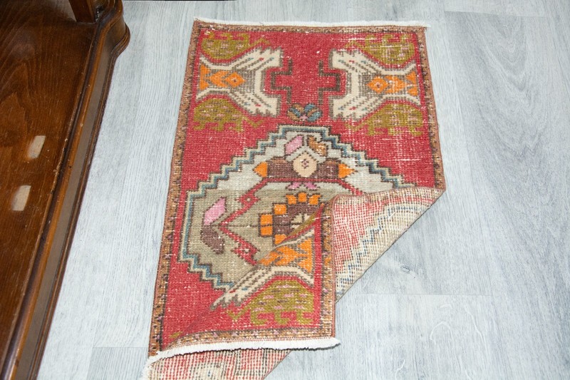 Vintage Turkish Oushak Rug 19x36 Inches, Red Colorful Geometrical Modern Rug gallery