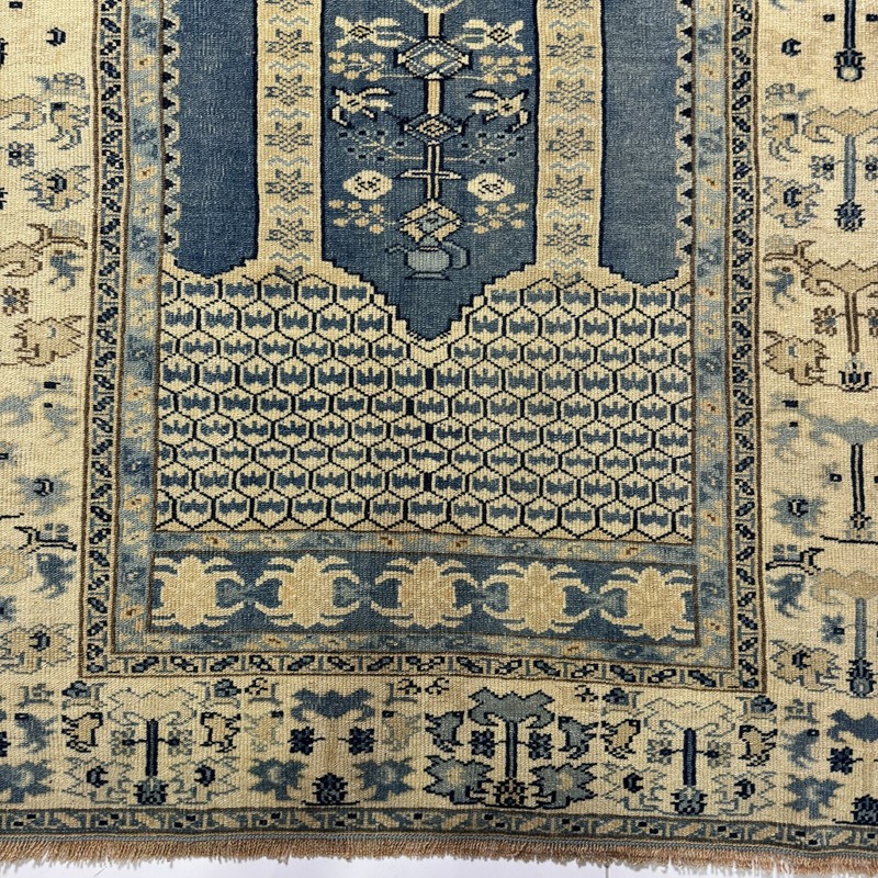 Vintage Hand Knotted Wool Oushak Rug, 4x5 Oriental Turkish in Blue Beige Tones gallery