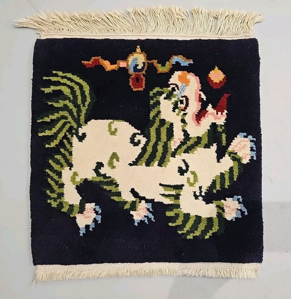 Rare Antique Tibetan Dragon Cub Rug 18”x18”