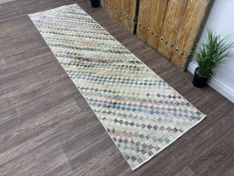 3x9 Check Vintage Turkish Runner, Hand-Knotted Distressed Colorful Oushak Runner gallery