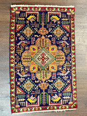 Vintage Handmade Wool Tribal Rug – Animal Motifs Deer Birds Trees Geometric Blue
