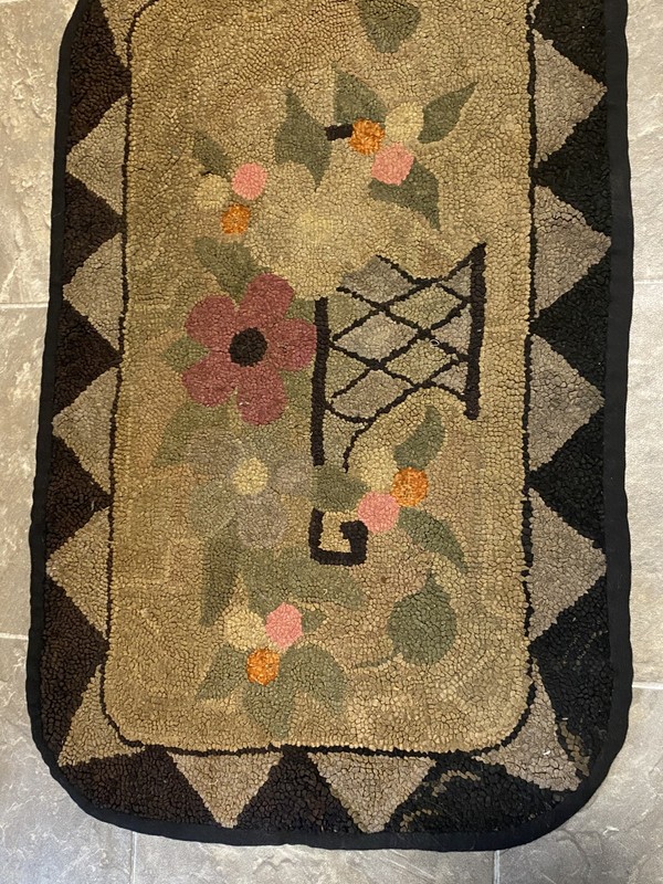 Vintage Antique Handmade Rectangular Basket Flowers Hooked Rug 32”x 20” gallery