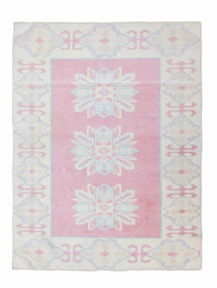 Modern Turkish Oushak Pink Blue Vintage Rug 4x5.5 ft Hand-Knotted Wool Carpet