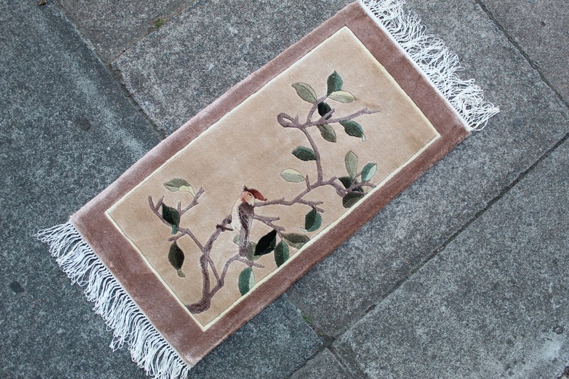 Vintage Silk Rug Hand Made Art Deco Chinese Oriental Brown Small Rug 62x32cm gallery