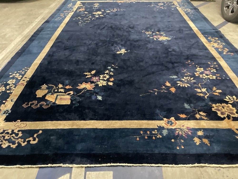 Oversize Navy-Blu Color 16' X 11' Antique Chinese Art Deco Oriental Rug