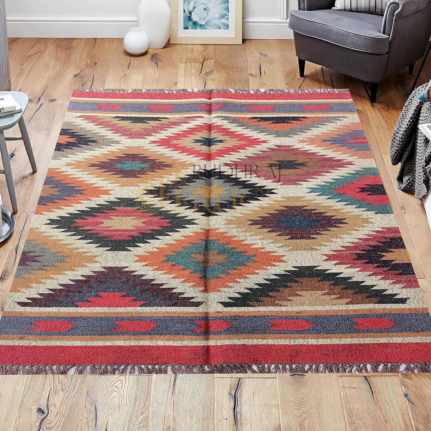 Rectangle Rug Modern Wool Jute Area Hallway Rug Kilim Handmade Accent Rug Runner gallery