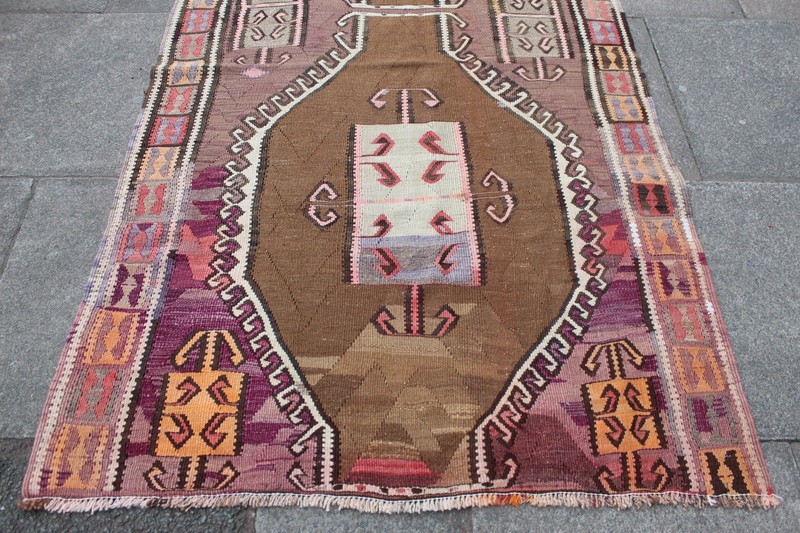Vintage Traditional Hand Made Oriental Wool Purple Pink Long Kilim 398x117cm gallery