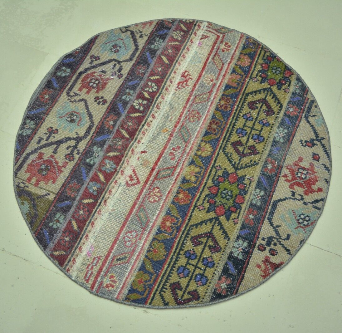 Blue Faded Turkish Vintage Round Rug, 3ft, Handmade Antique Floral Round Rug gallery