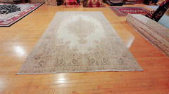 Antique 1940-1950’s Distressed Wool Pile Old Ivory Color Oushak Area Rug 8x11ft
