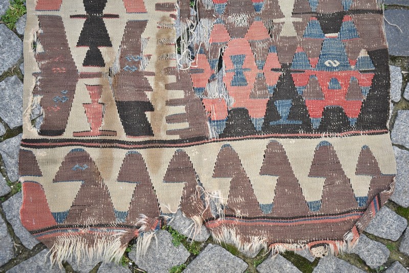 An Antique 1860's Awesome Primitive Collector's Piece Anatolian Fragment Kilim gallery