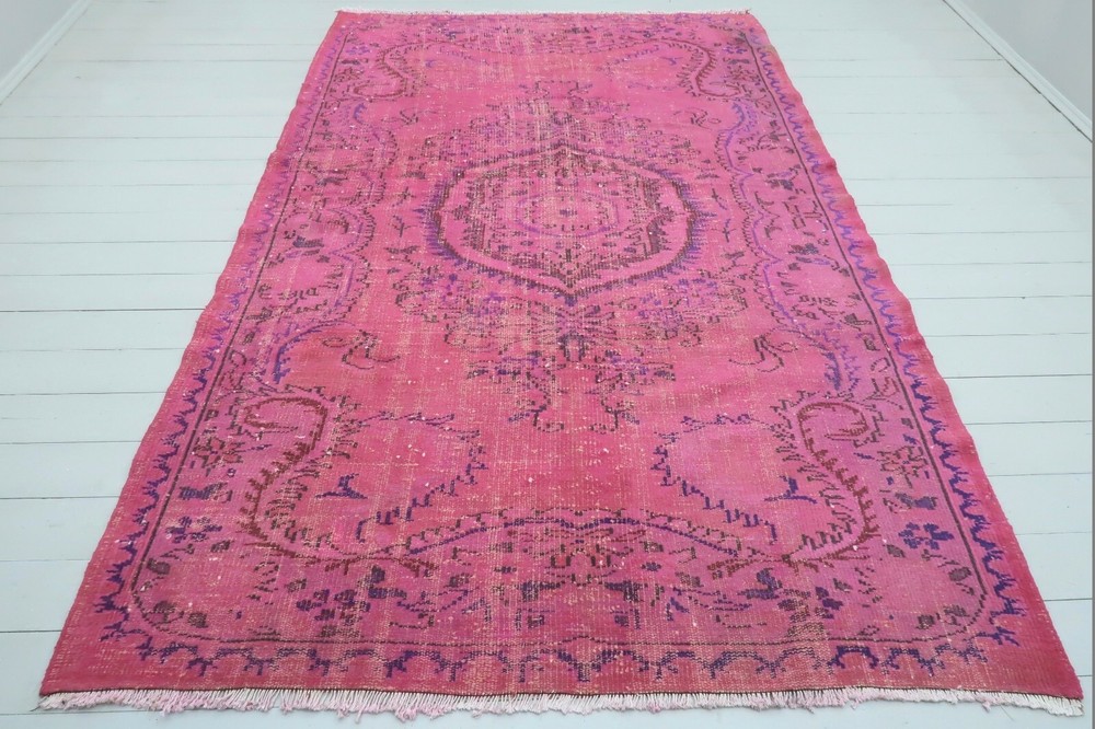 Vintage Carpet, Pink Color Overdyed Rug, Area Rugs, Candy Color Carpet 67"x104"