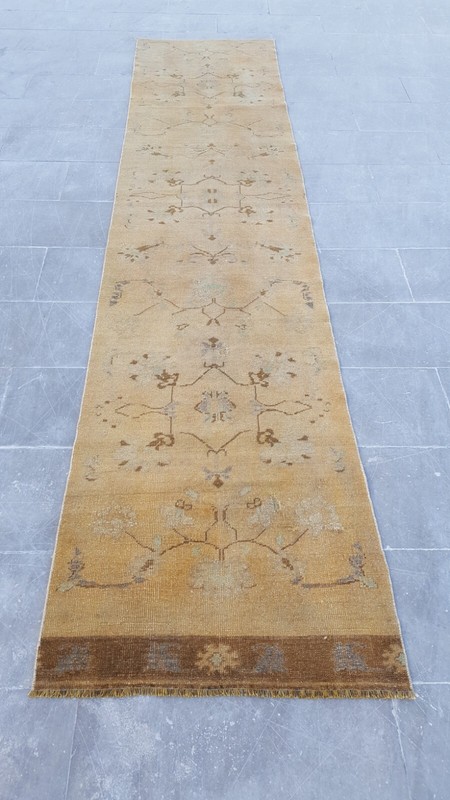 3x11 Antique Old Oushak Rug Floral Beige Distresset Runner Rug Oriental Carpet gallery