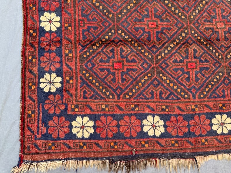 Red Blue Afghan Hand Knotted Wool Rug 4'10x7'4 Vintage Geometric Floral Area Rug gallery