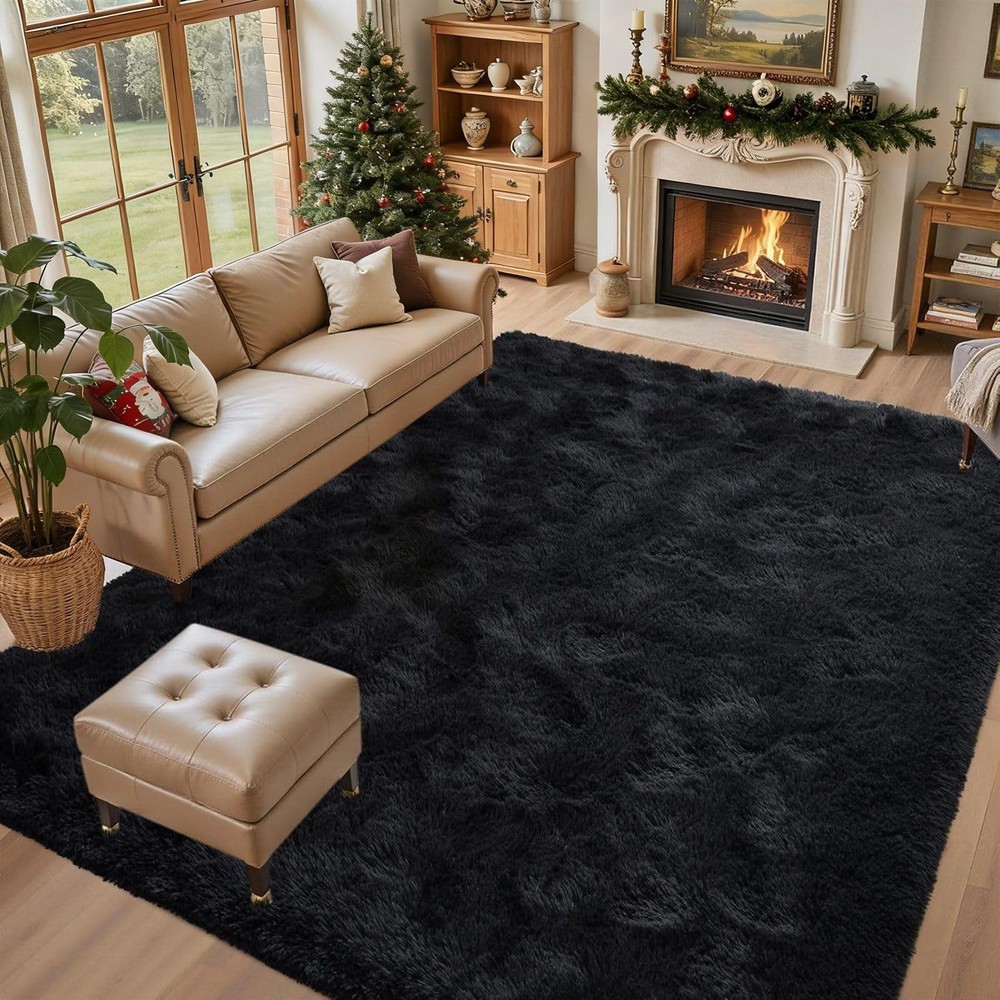 5x7 Black Area Rugs for Living Room, Large Fluffy Shag Bedroom Rugs... Fast Ship