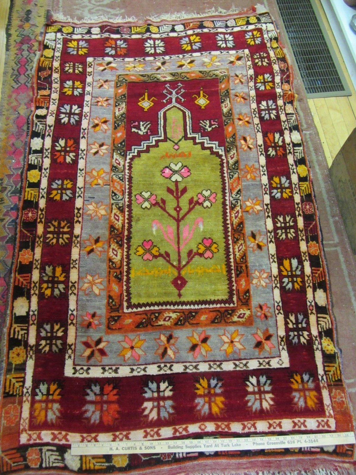 Antique Prayer Rug Large Konya Ladik Melas Turkish 4' x 6'9" Pistachio Signed gallery
