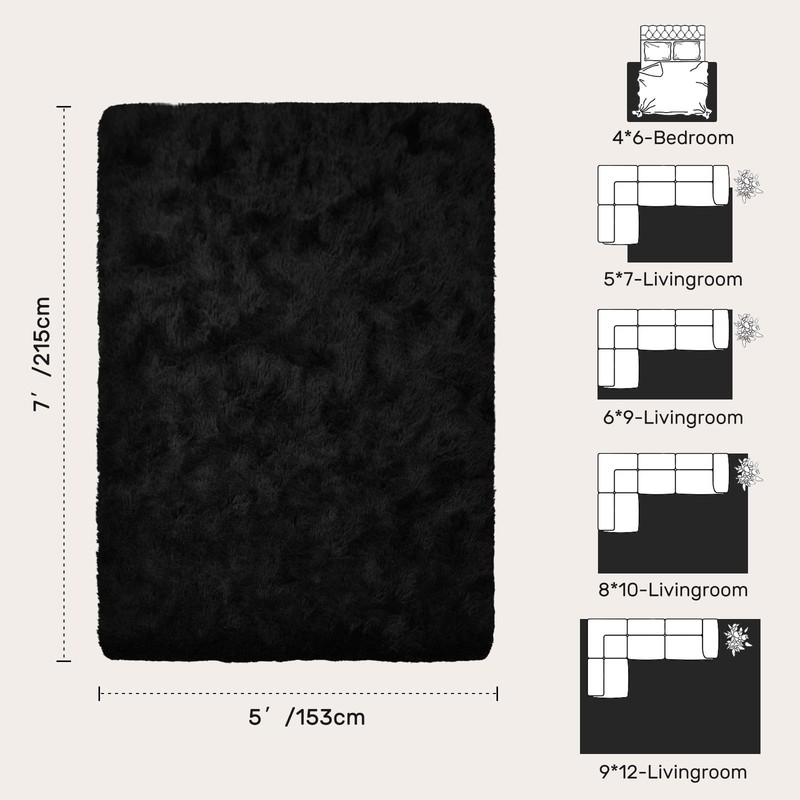 5x7 Black Area Rugs for Living Room, Large Fluffy Shag Bedroom Rugs... Fast Ship gallery