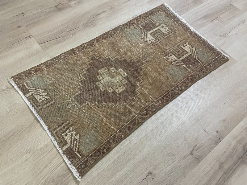 Vintage Turkish Rug Handmade Wool Brown Anatolian Runner Rug 1.5x2.8 Ft gallery
