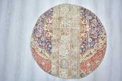 Vintage Handmade Red Door Mat, 3.1 ft Round Entry Mat, Red Turkish Round Rug,