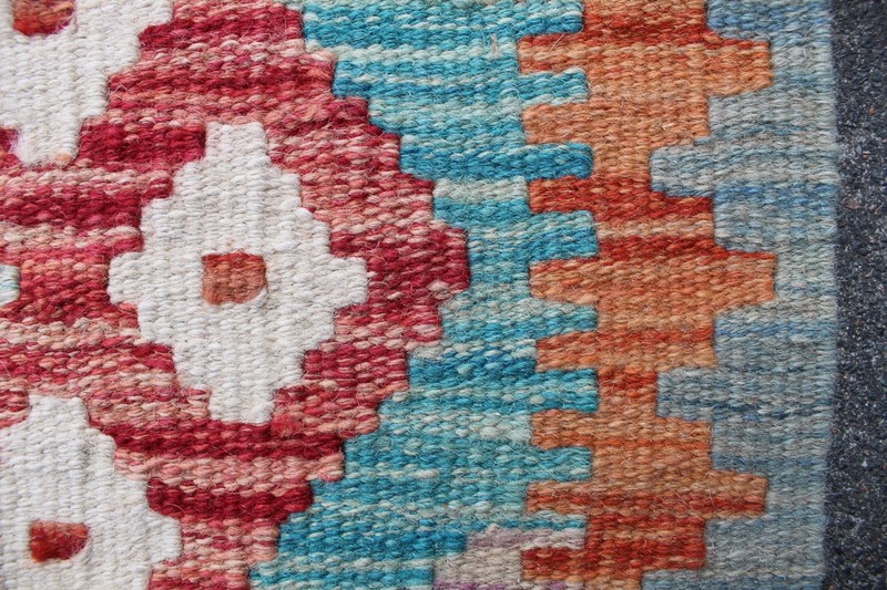 Kilim Vintage Traditional Hand Made Oriental Blue Wool Short Runner 148x52cm gallery