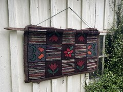 Antique Primitive Hand Hooked Rug Original Burlap Backing Folk Art Wall Hanging