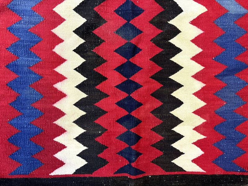 Antique Navajo Rug 3.7 x 2.8, Red Ivory Blue, Zig Zag Pattern, Handmade, Wool gallery