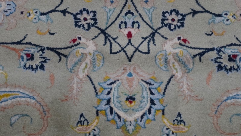 Antique Kashann Signed Birds Hand Knotted Pistachios Green Wool Rug 9'7" x 13'5" gallery